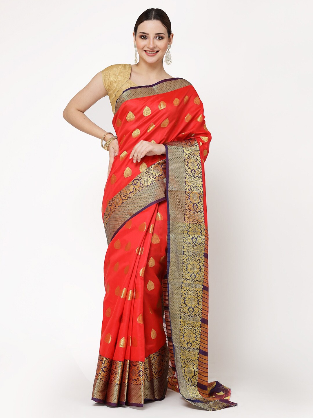 

KALINI Ethnic Woven Design Zari Silk Cotton Banarasi Saree, Red
