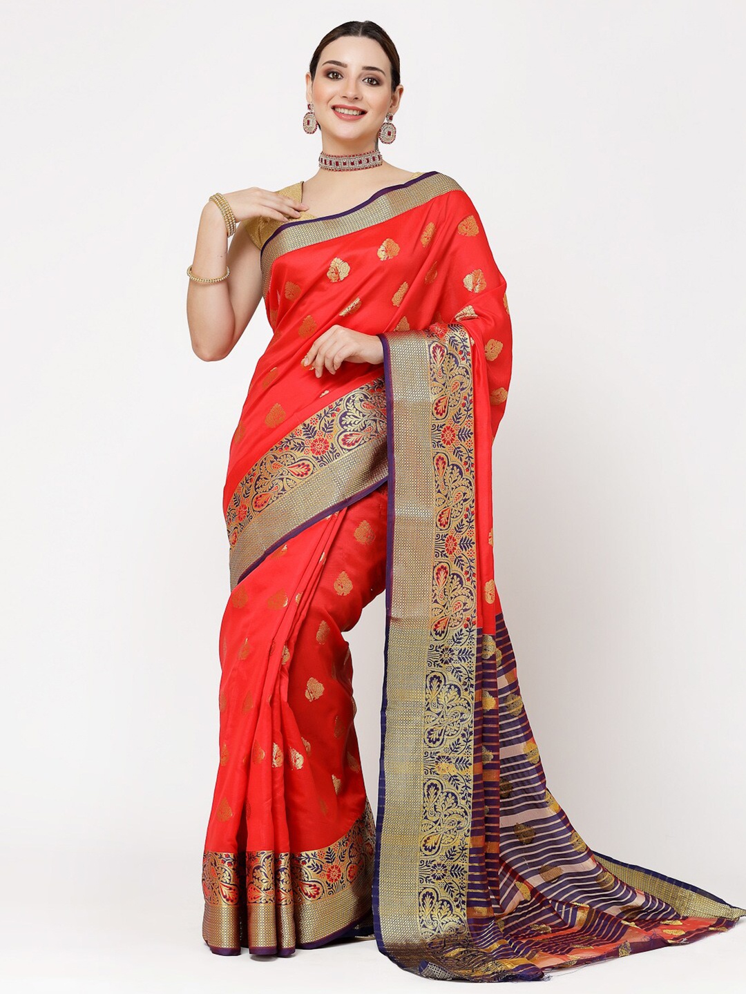 

KALINI Ethnic Motif Woven Design Zari Silk Cotton Banarasi Saree, Red