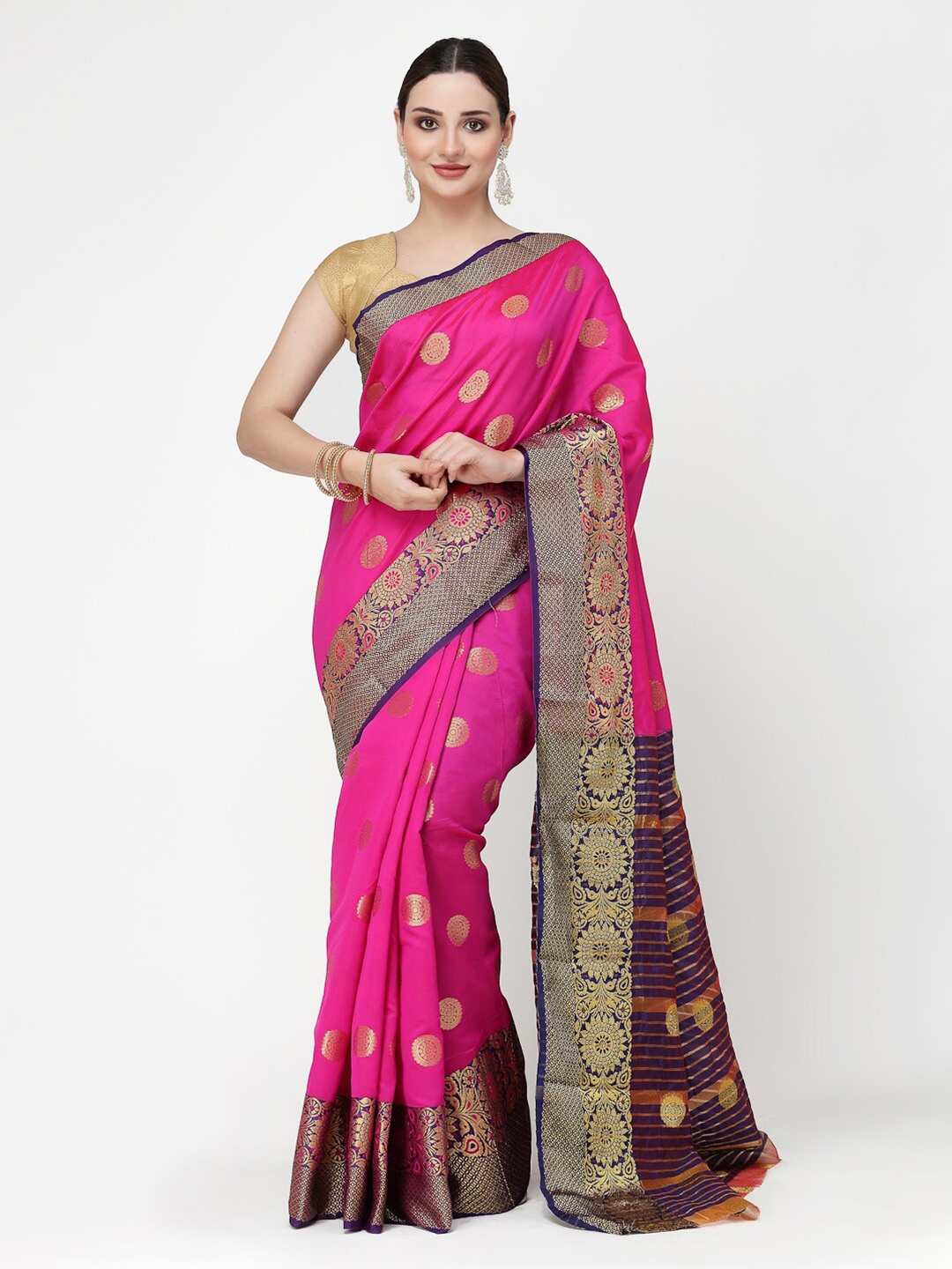 

KALINI Ethnic Motif Woven Design Zari Silk Cotton Banarasi Saree, Purple