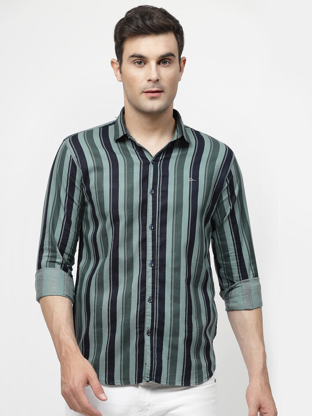 

ADWYN PETER Vertical Striped Cotton Casual Shirt, Green