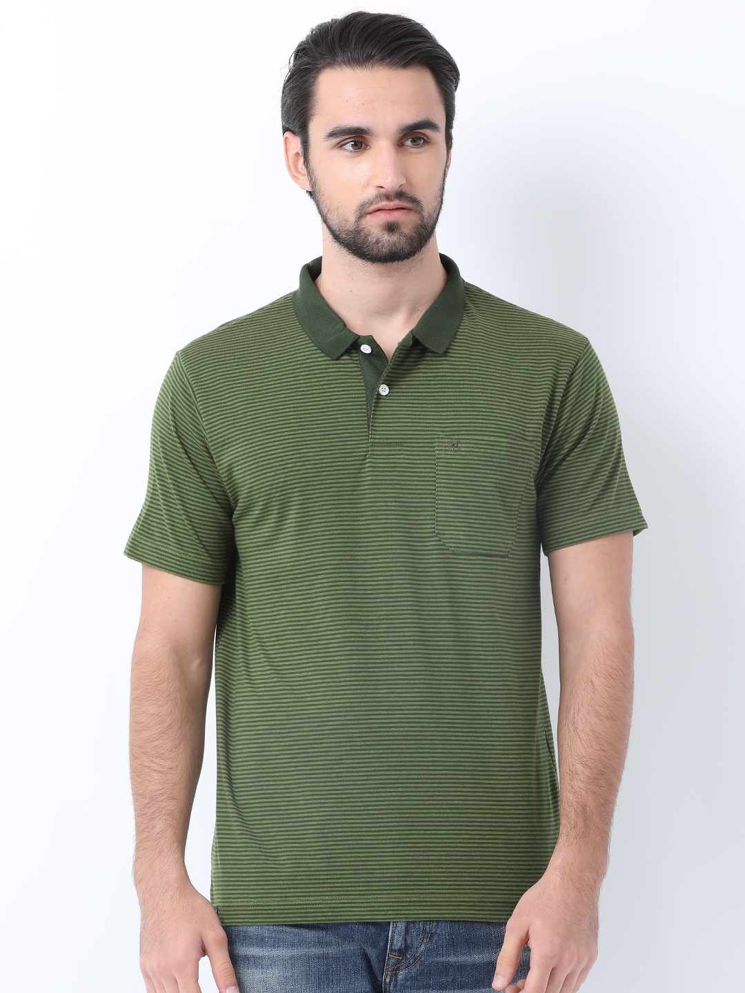 

Classic Polo Men Olive Green Striped Polo Collar T-shirt