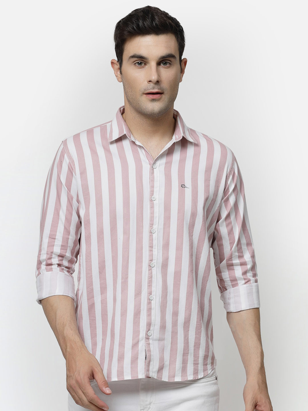 

ADWYN PETER Striped Spread Collar Cotton Casual Shirt, Peach