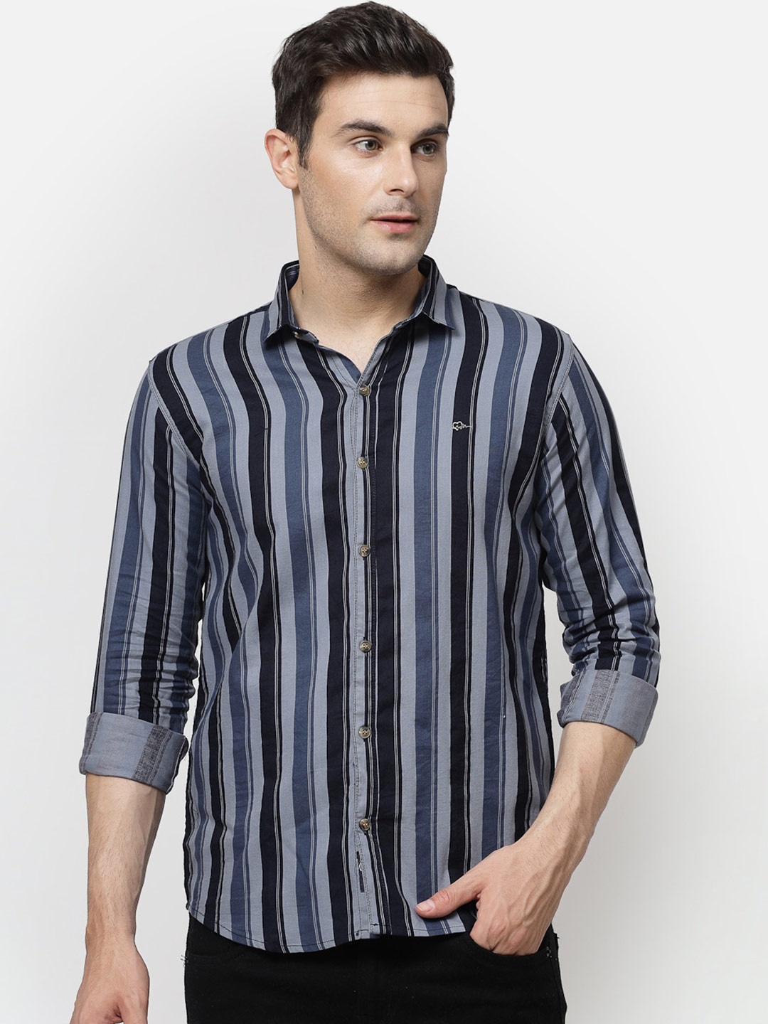 

ADWYN PETER Spread Collar Striped Casual Cotton Shirt, Blue