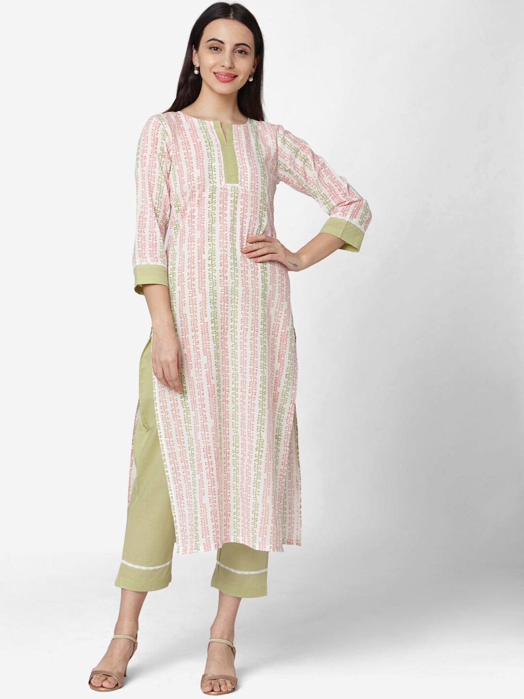 

Saanjh White & Green Floral Printed Pure Cotton Kurta with Trousers