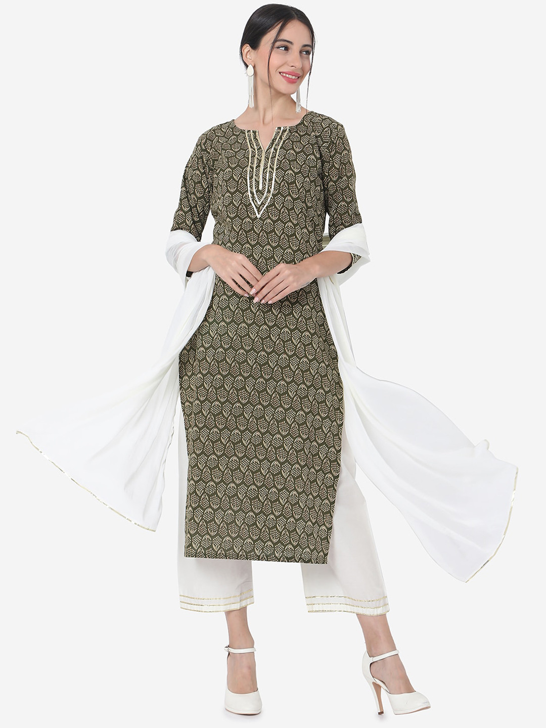 

Saanjh Green Ethnic Motifs Printed Pure Cotton Kurta with Palazzos & Dupatta