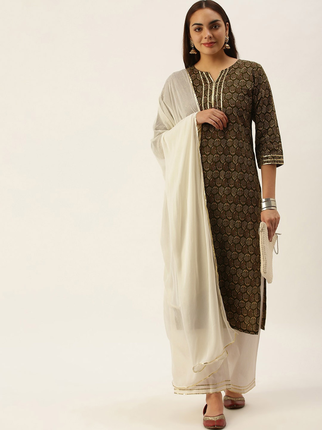 

Saanjh Green Ethnic Motifs Printed Gotta Patti Pure Cotton Kurta With Palazzos & Dupatta, Olive