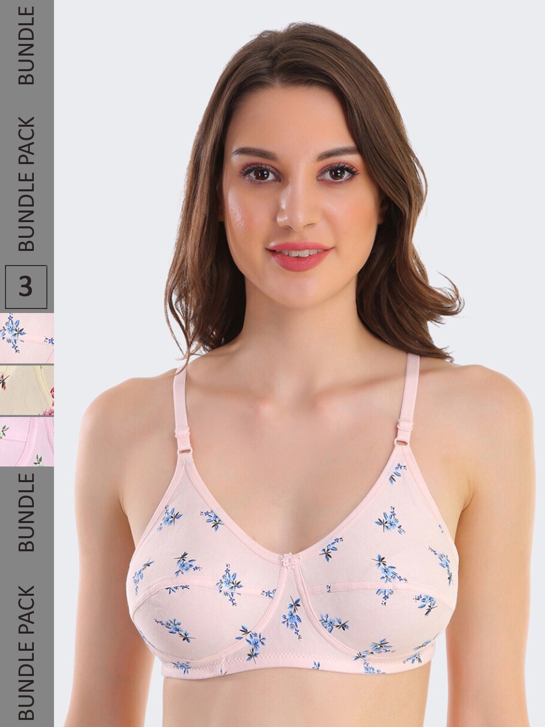 

POOJA RAGENEE Pack Of 3 Floral Printed Full Coverage Everyday Cotton Bra, Pink