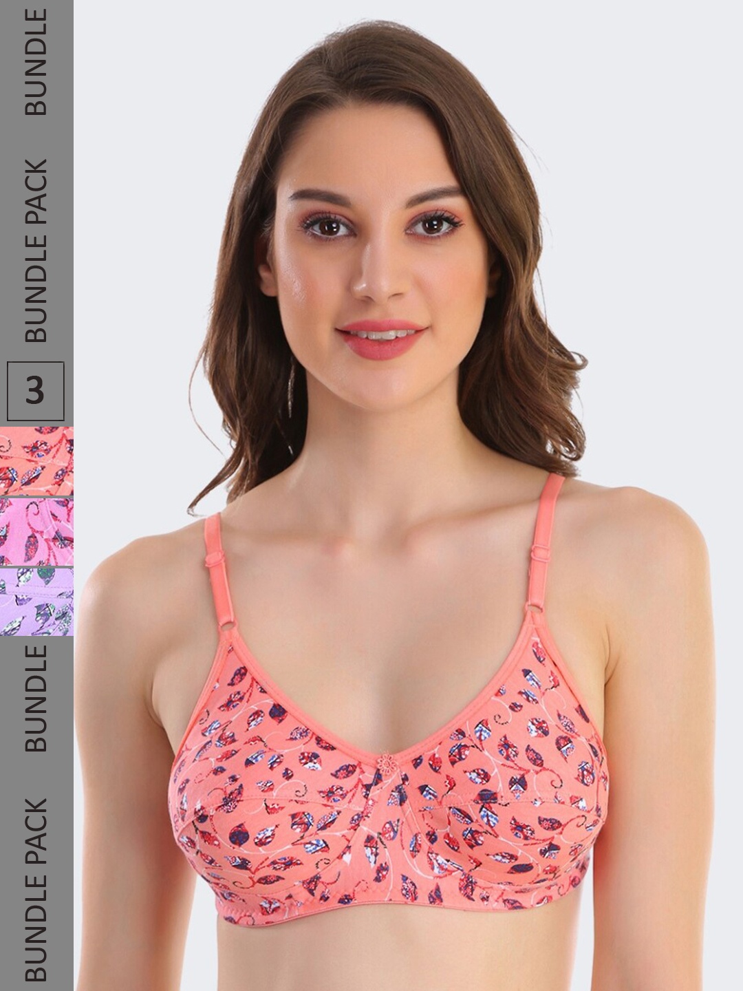 

POOJA RAGENEE Pack Of 3 Floral Printed Full Coverage Everyday Cotton Bra, Coral