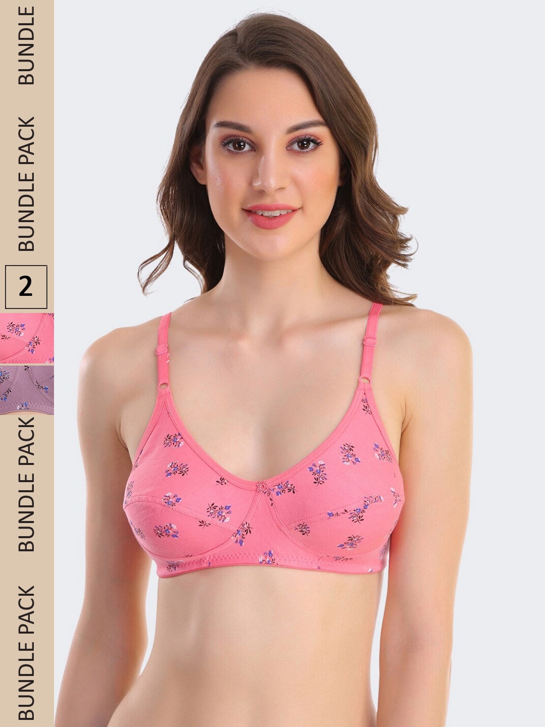 

POOJA RAGENEE Pack Of 2 Floral Printed Full Coverage Everyday Cotton Bra, Coral