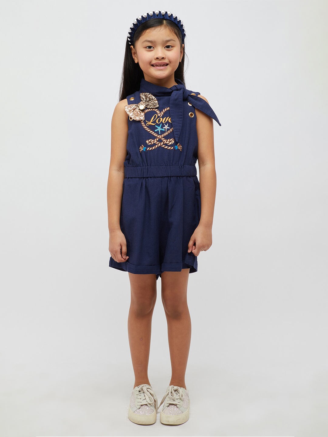 

One Friday Girls Printed Sleeveless Playsuit, Navy blue