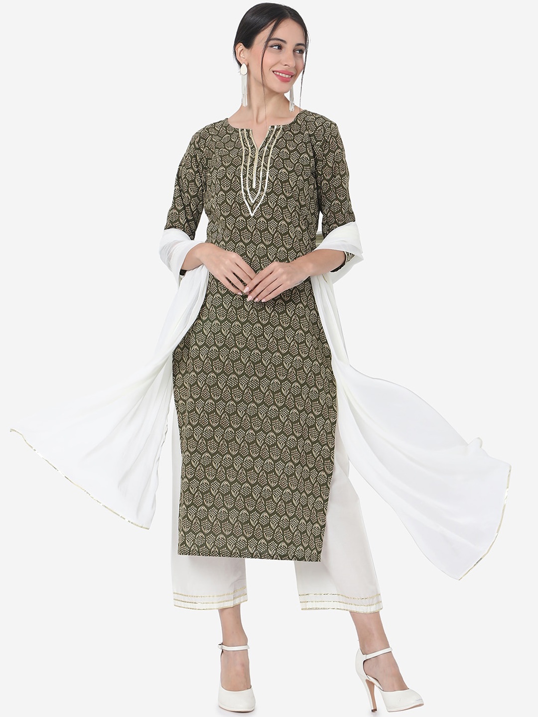 

KALINI Women Ethnic Motifs Printed Pure Cotton Kurta with Palazzos & Dupatta, Green