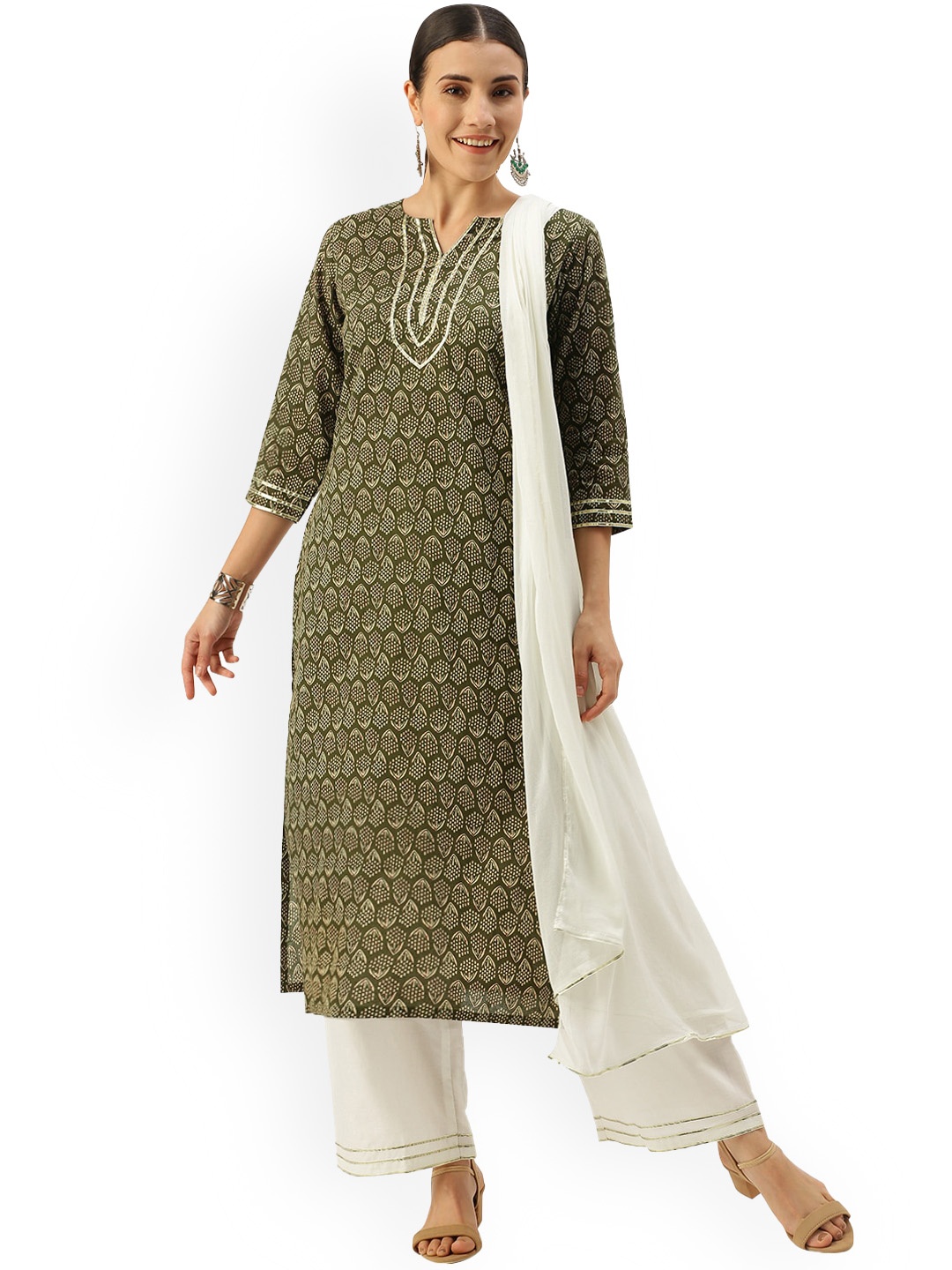 

KALINI Ethnic Motifs Printed Regular Pure Cotton Kurta With Palazzos & Dupatta, Green