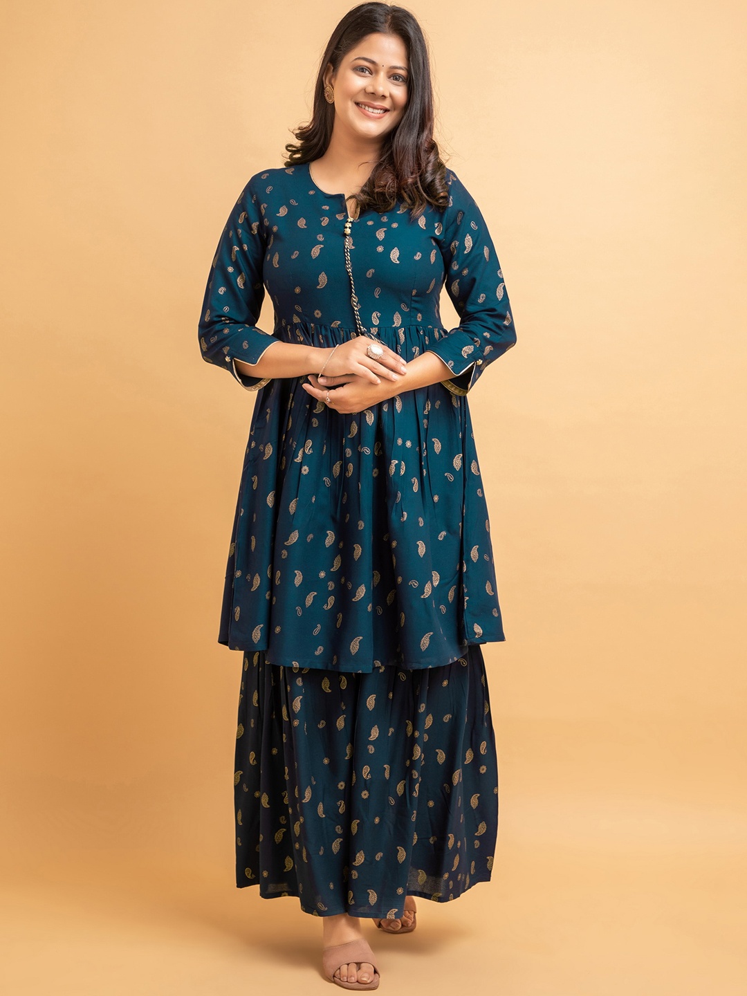 

SUTI Paisley Printed Pleated A-line Kurta with Sharara, Teal