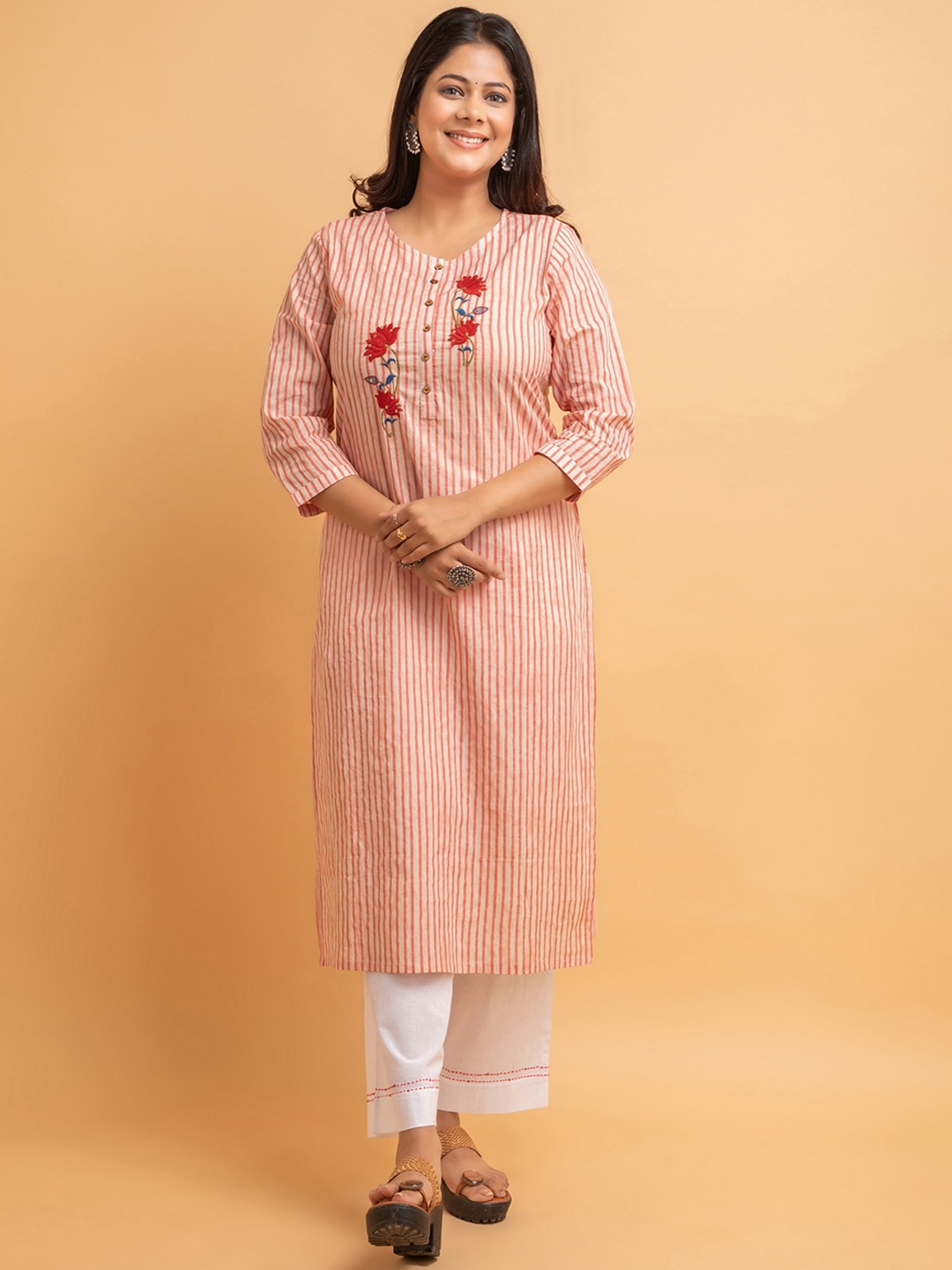 

SUTI Striped Regular Straight Pure Cotton Kurta With Trousers, Pink