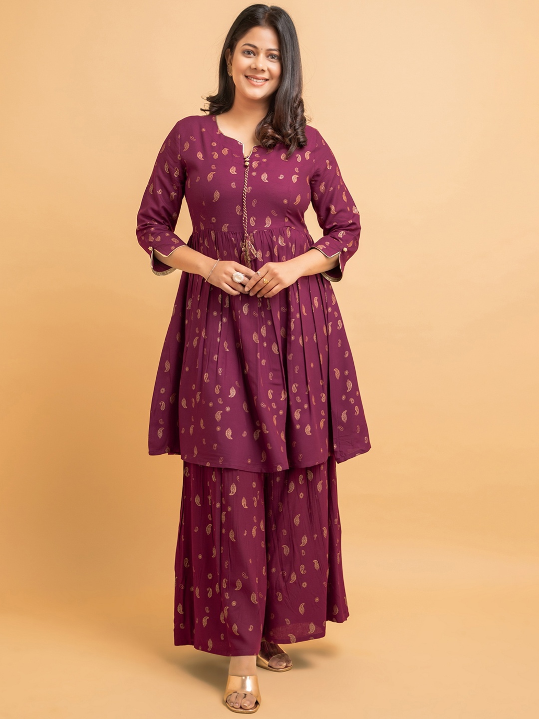 

SUTI Paisley Printed Pleated A-line Kurta with Sharara, Maroon