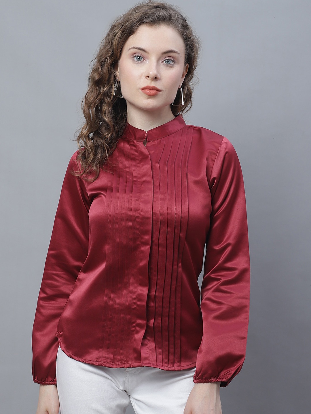 

Karmic Vision Mandarin Collar Shirt Style Top, Maroon
