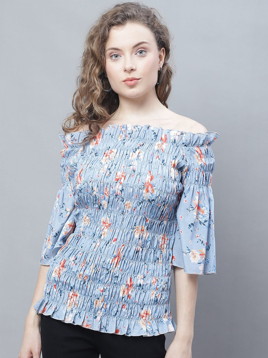 

Karmic Vision Floral Printed Off-Shoulder Flared Sleeve Smocked A-Line Top, Blue