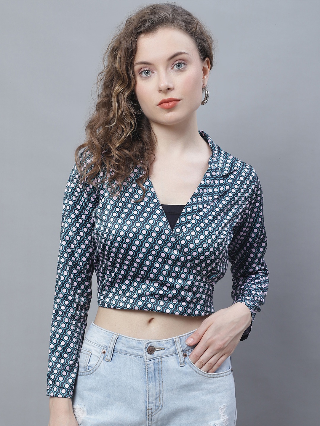 

Karmic Vision Geometric Printed V-Neck Wrap Crop Top, Black