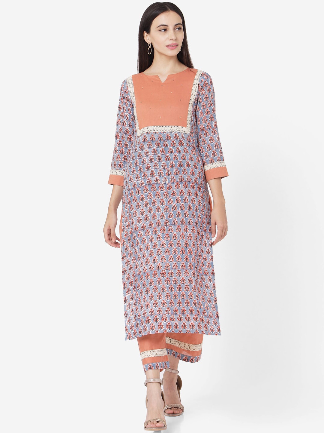 

Saanjh Blue & Orange Ethnic Motifs Printed Pure Cotton Straight Kurta With Trousers