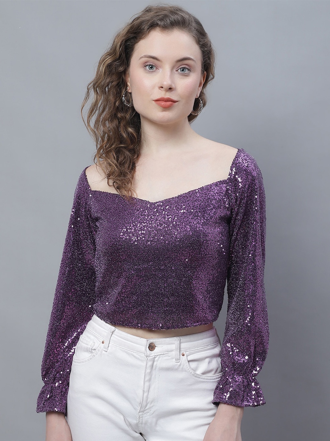 

Karmic Vision Sweetheart Neck Puff Sleeves Sequined Crop Top, Purple