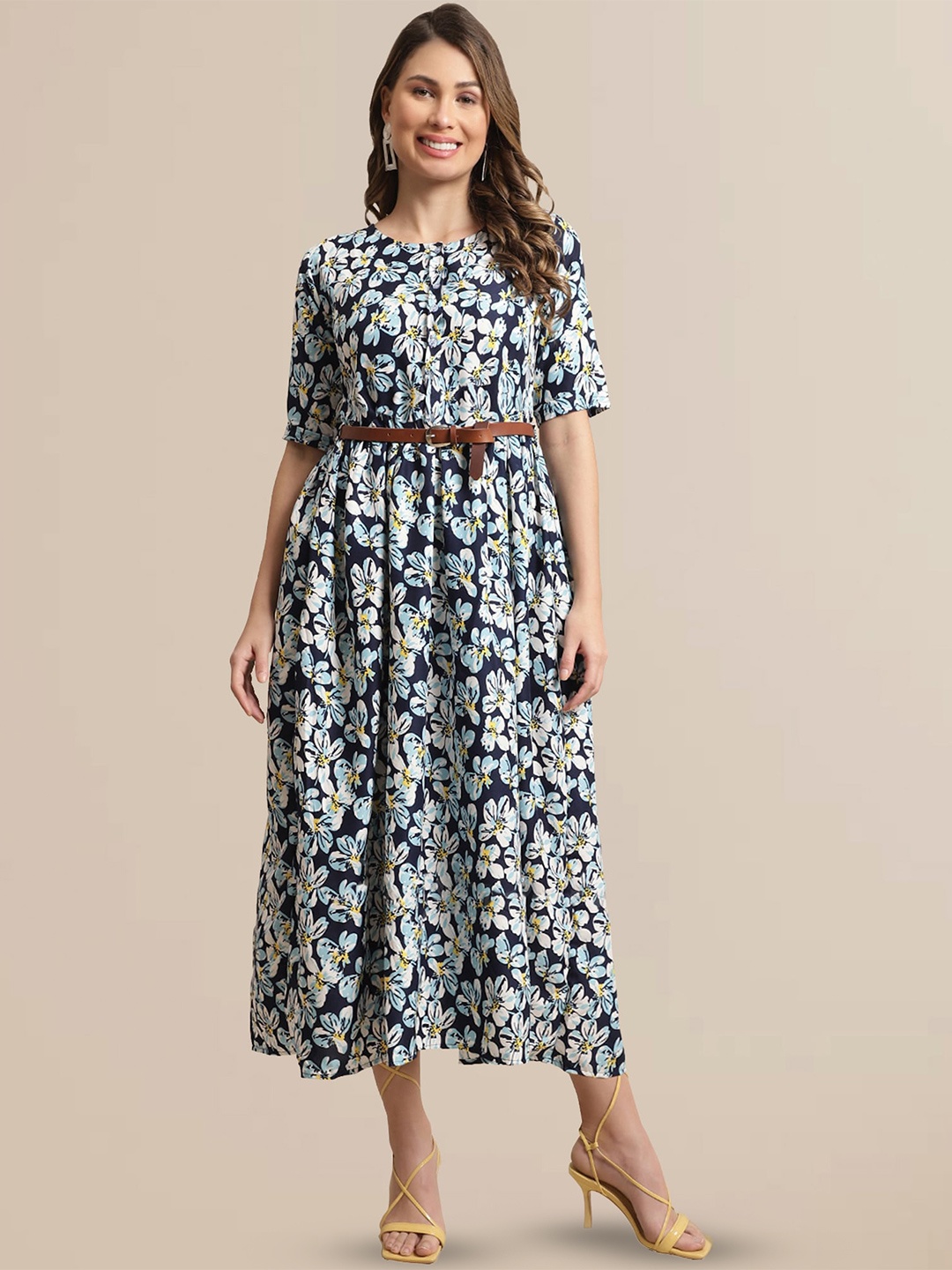 

BAESD Floral Printed Round Neck Fit & Flare Midi Dress, Blue