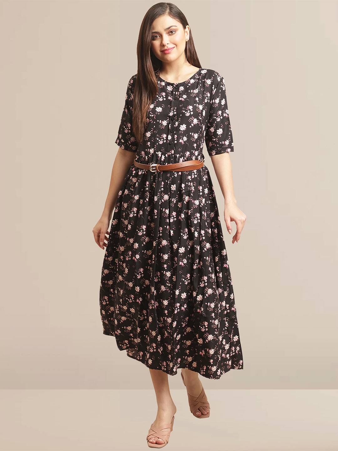 

BAESD Floral Print A-Line Midi Dress, Black