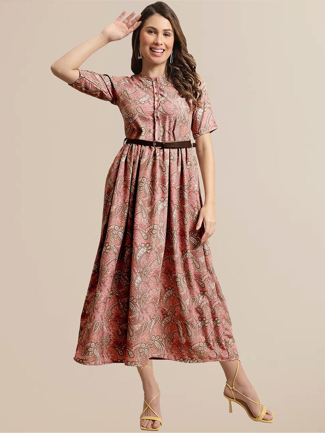 

BAESD Ethnic Motifs Printed Belted Detailed Fit & Flare Dress, Peach
