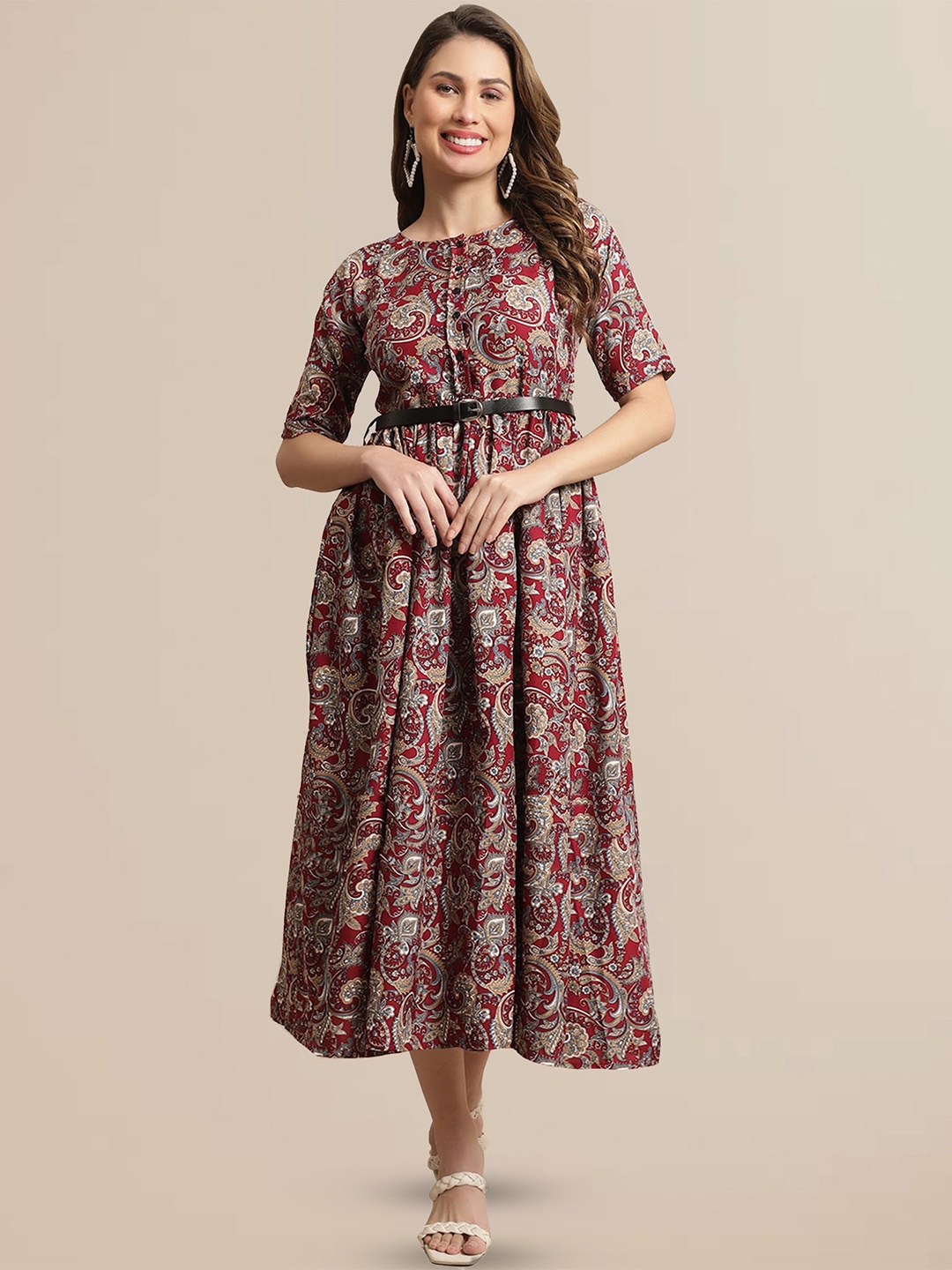 

BAESD Ethnic Printed Round Neck Fit & Flare Midi Dress, Red