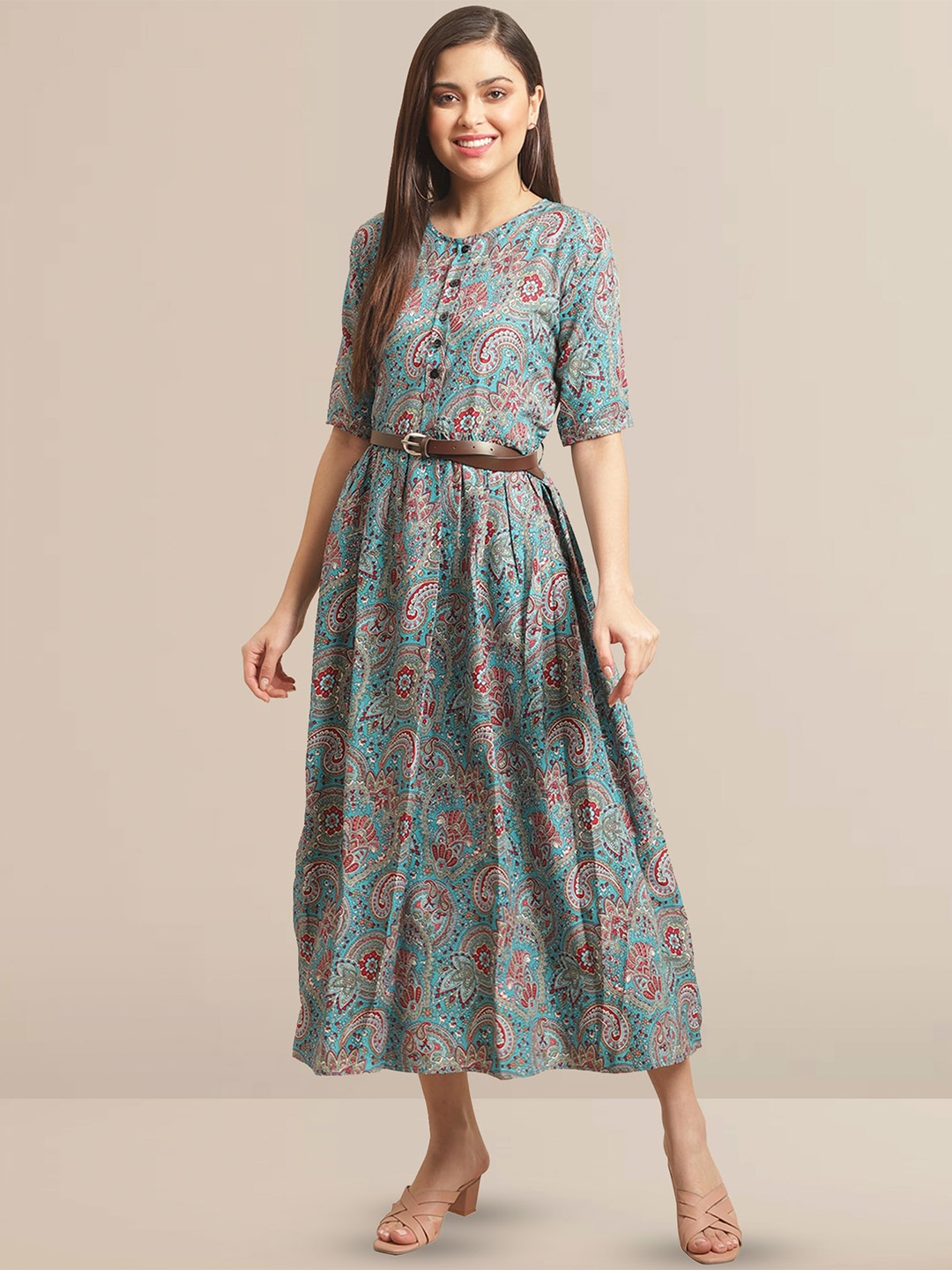 

BAESD Ethnic Motifs Print Belted Fit & Flare Dress, Turquoise blue