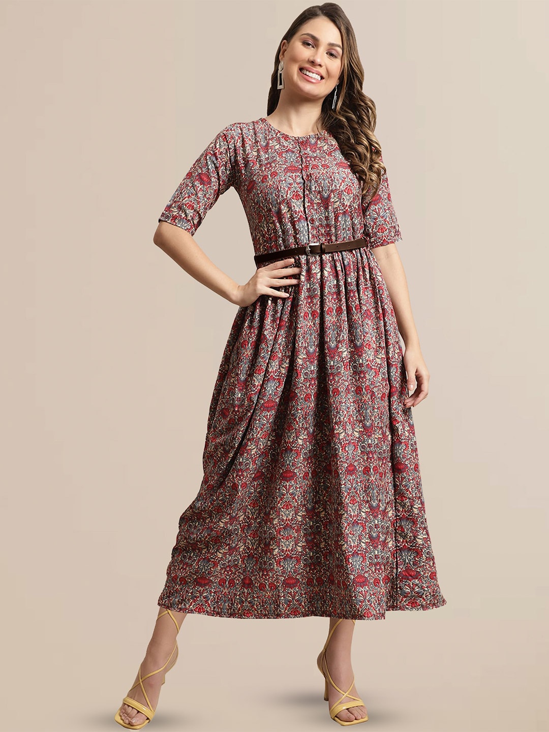 

BAESD Ethnic Motifs Printed Gathers Detailed Fit & Flare Dress with Belt, Off white