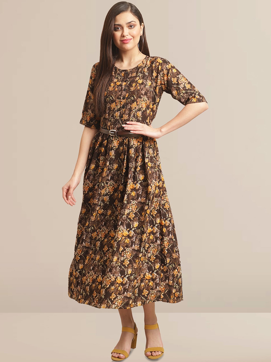 

BAESD Brown Floral Printed Viscose Rayon Casual Fit & Flare Dress