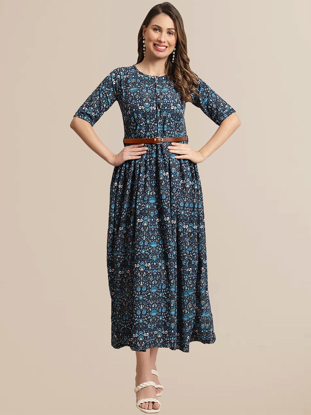 

BAESD Ethnic Motifs Printed Fit & Flare Dress, Blue