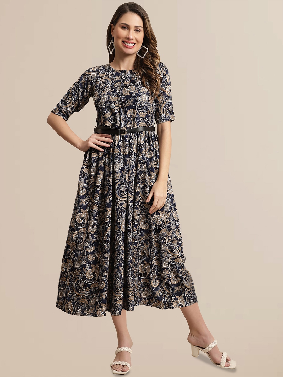 

BAESD Ethnic Motif Print Belted Detailed A-Line Midi Dress, Navy blue