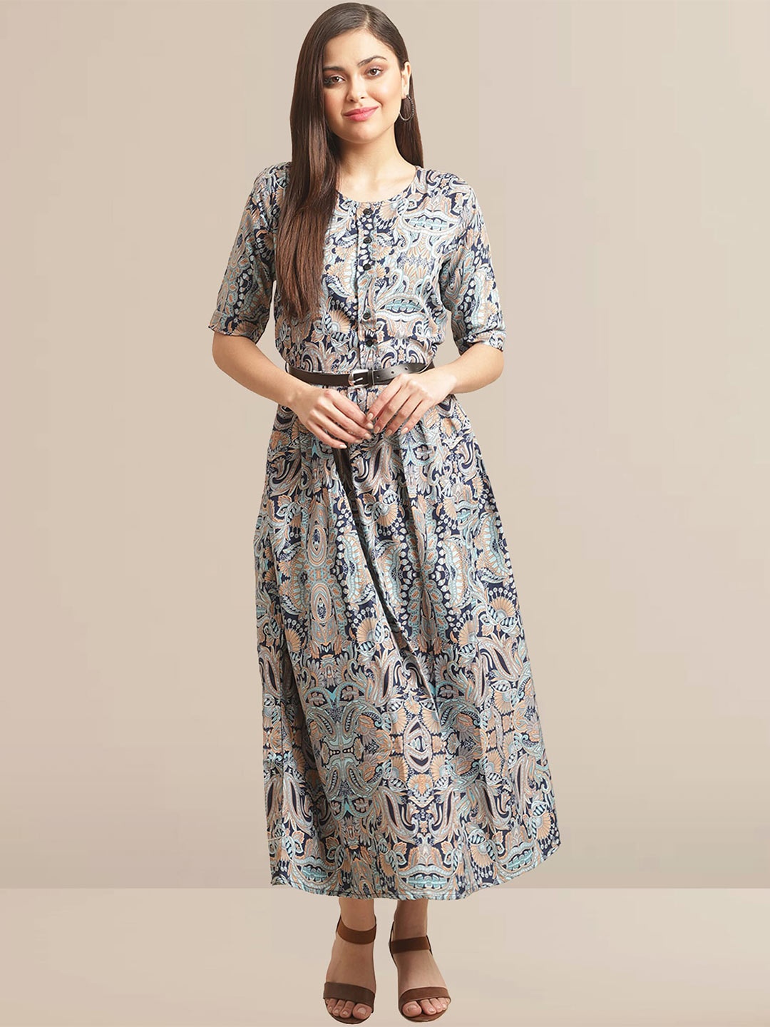 

BAESD Ethnic Motifs Printed Fit & Flare Dress, Blue