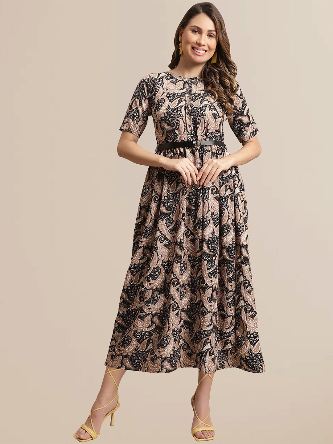 

BAESD Paisley Motifs Print Belted Fit & Flare Dress, Black