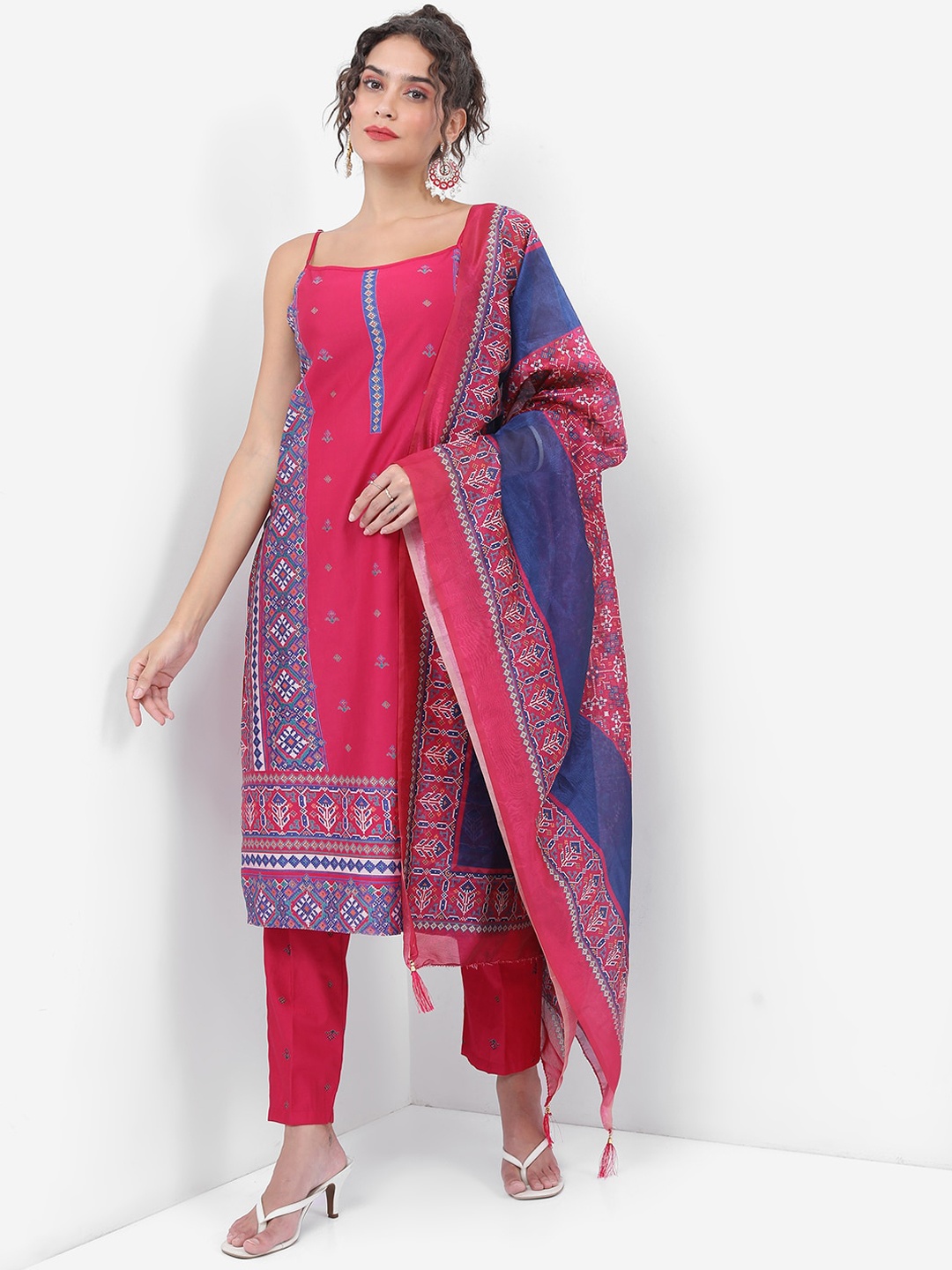 

Vishudh Pink Ethnic Motifs Printed Shoulder Straps Straight Kurta With Trousers & Dupatta