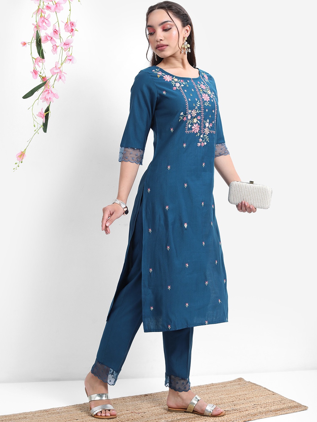 

Vishudh Teal Blue Floral Embroidered Regular Straight Kurta With Trousers