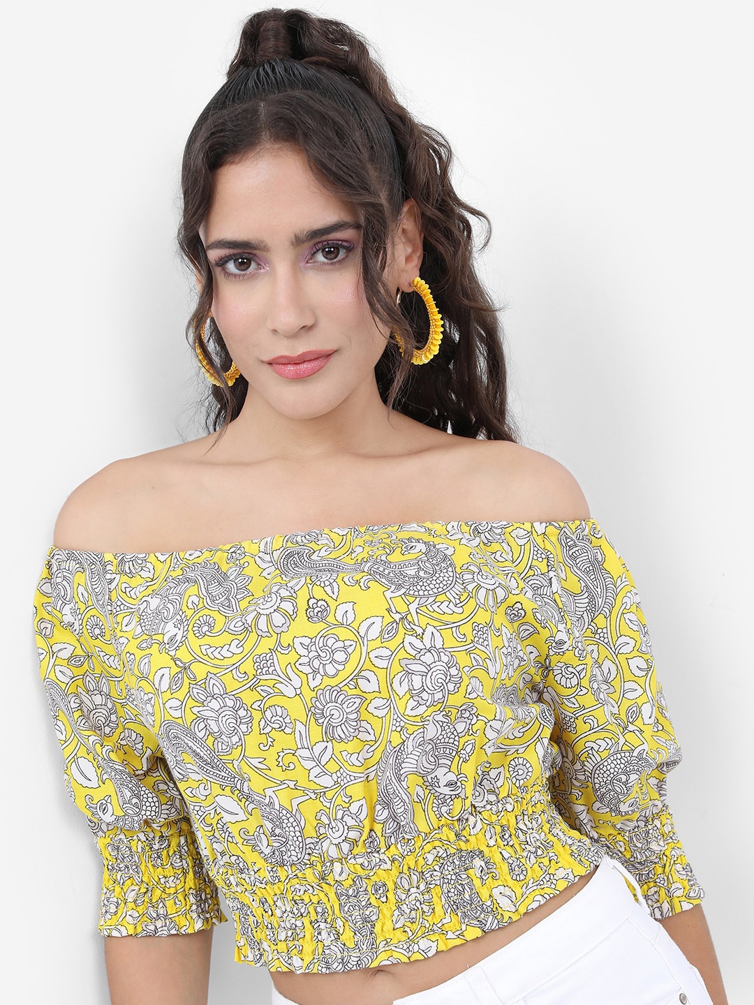 

Vishudh Floral Print Off-Shoulder Bardot Crop Top, Yellow