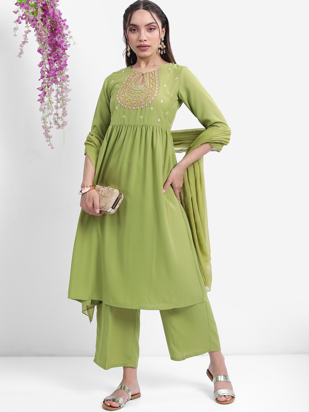 

Vishudh Green Floral Embroidered Keyhole Neck Kurta With Palazzos & Dupatta