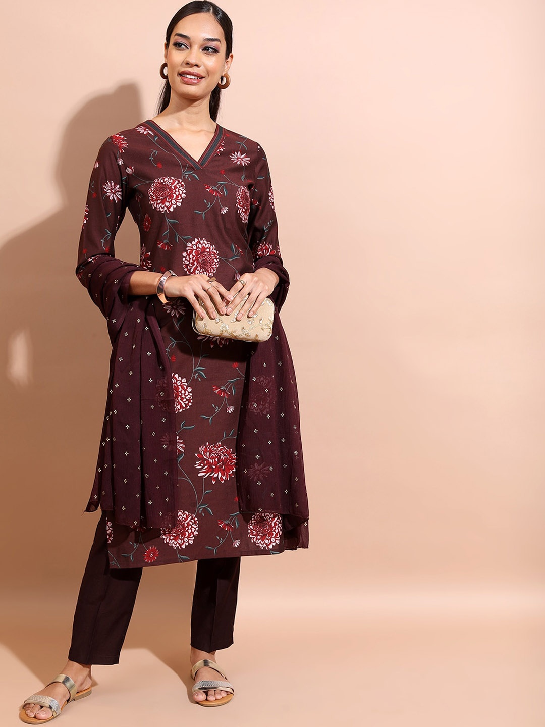 

Vishudh Brown Floral Printed Regular Straight Kurta With Trousers & Dupatta