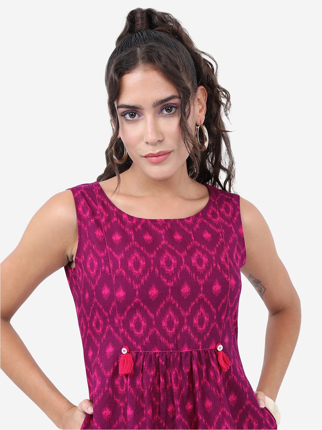 

Vishudh Purple Tribal Printed A-Line Midi Dress