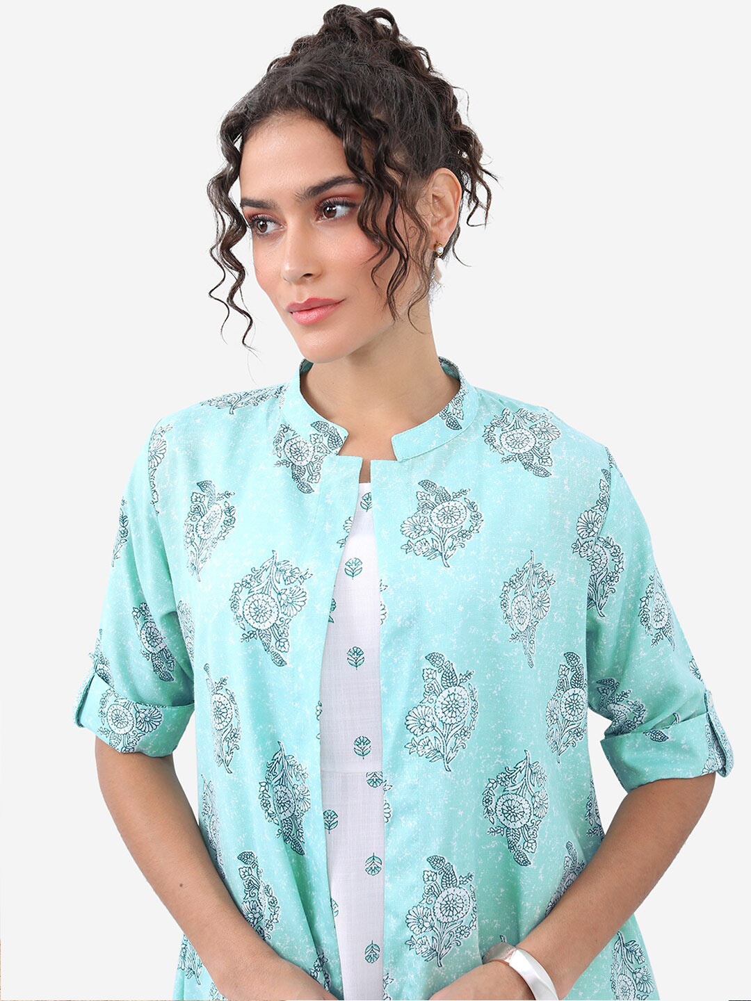 

Vishudh White Floral Printed Fit & Flare Midi Dress With Jacket