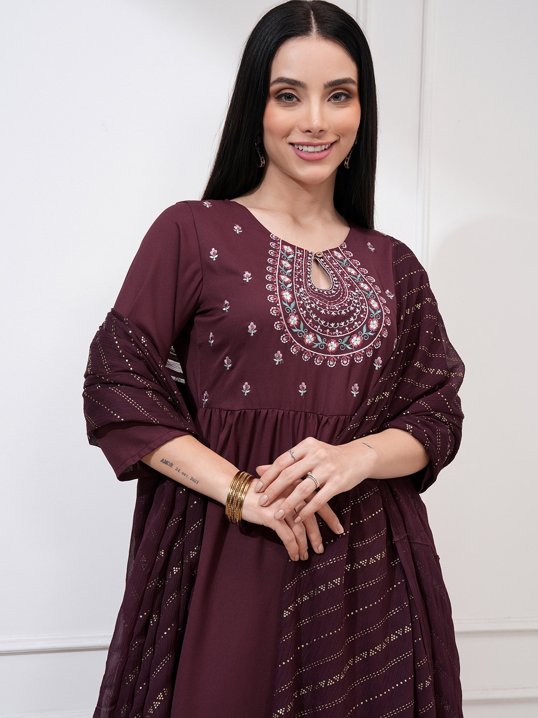 

Vishudh Burgandy Ethnic Motifs Embroidered Empire A-line Kurta With Palazzos & Dupatta, Burgundy