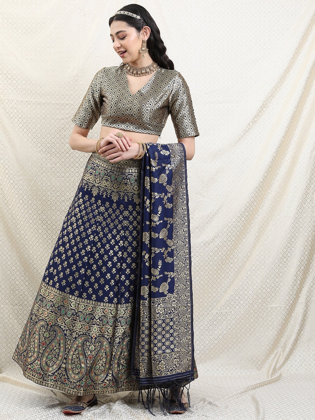 

Vishudh Blue Ethnic Motifs Semi stitched Blouse & Lehenga With Dupatta