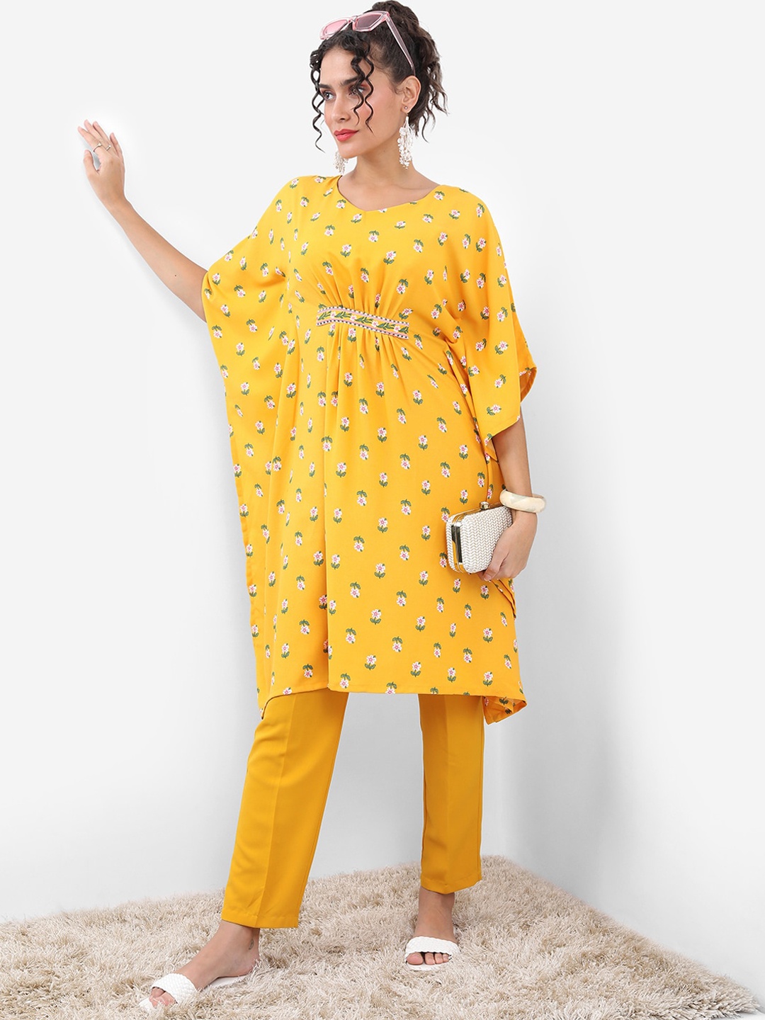 

Vishudh Yellow Floral Printed Flared Sleeves Regular Kaftan With Trouser