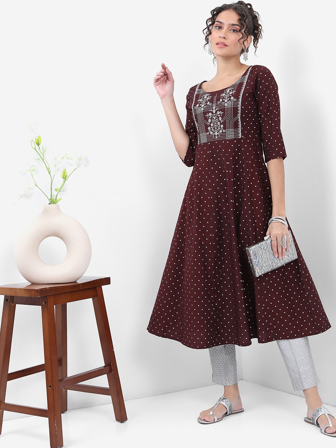 

Vishudh Polka Dots Printed Thread Work A-Line Kurta, Burgundy
