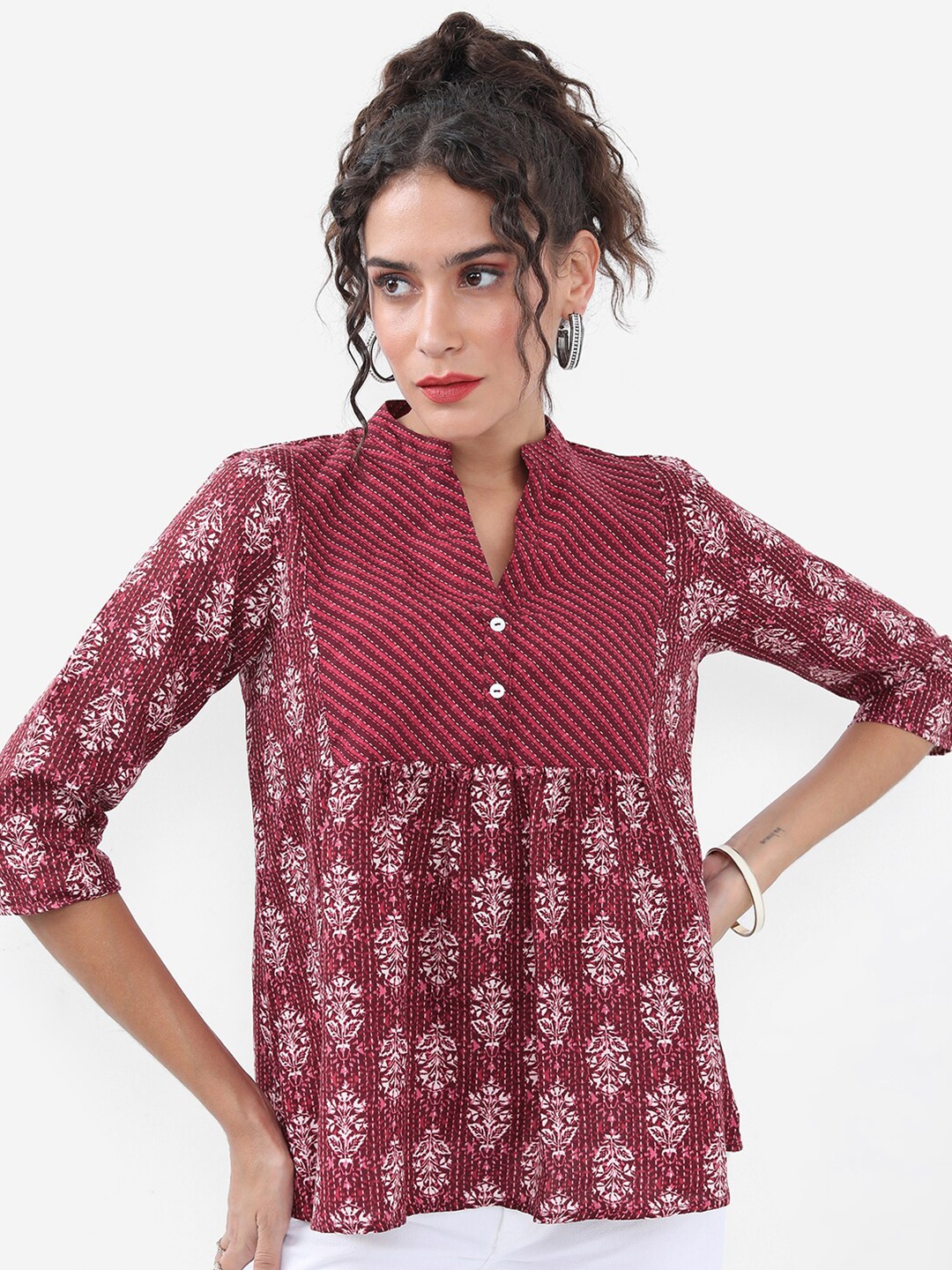 

Vishudh Maroon Floral Printed Mandarin Collar Gathered Top