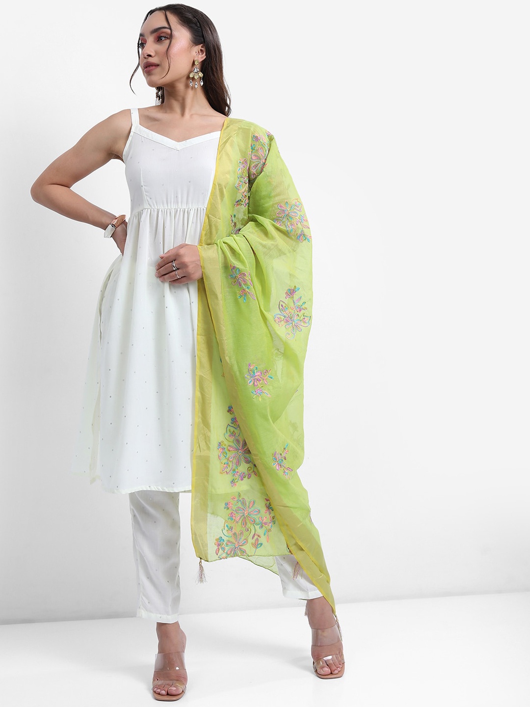 

Vishudh Off White Woven design Printed A-Line Kurta With Trousers & Dupatta