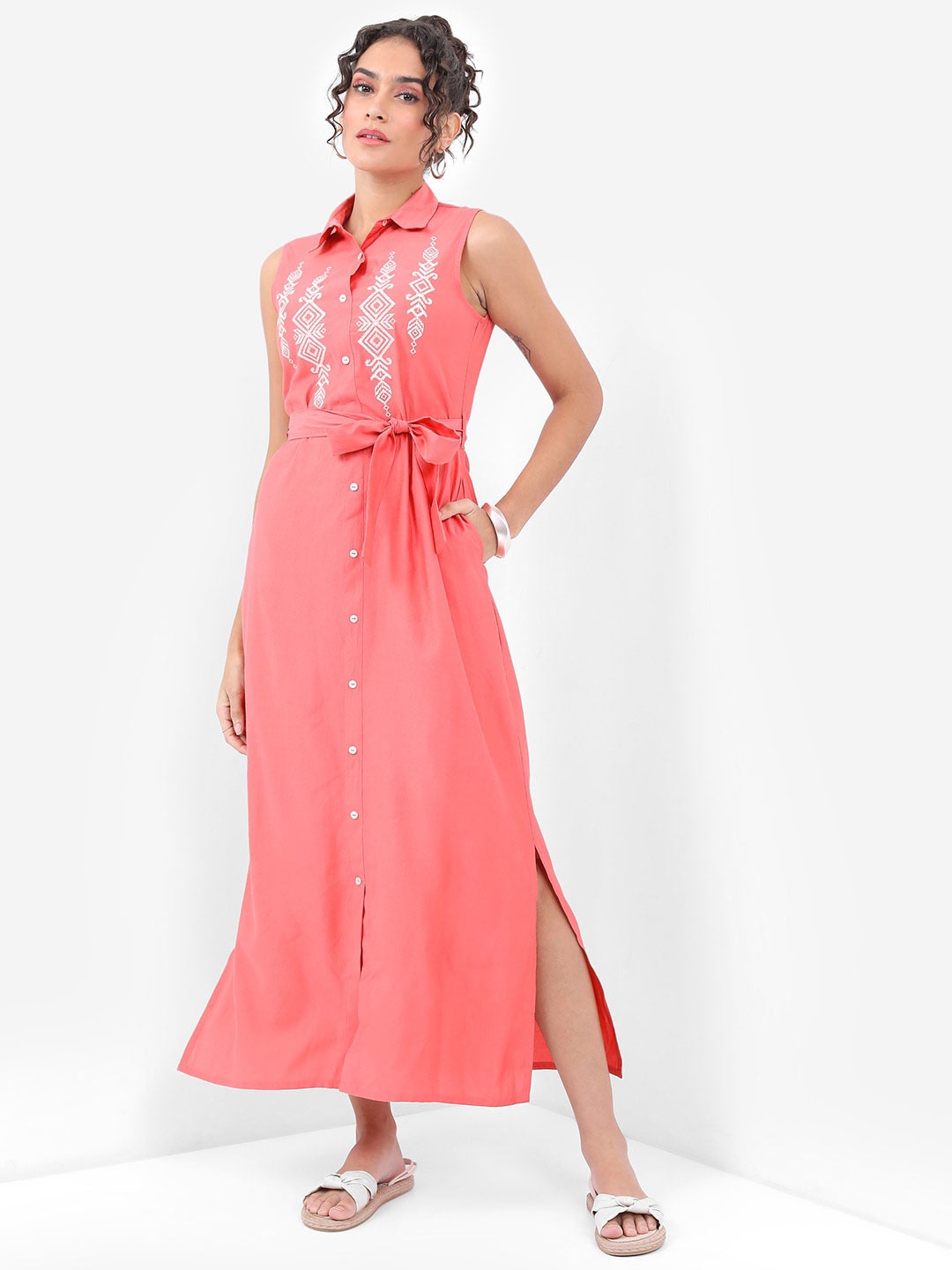 

Vishudh Coral Embroidered Shirt Collar Maxi Dress With Belt