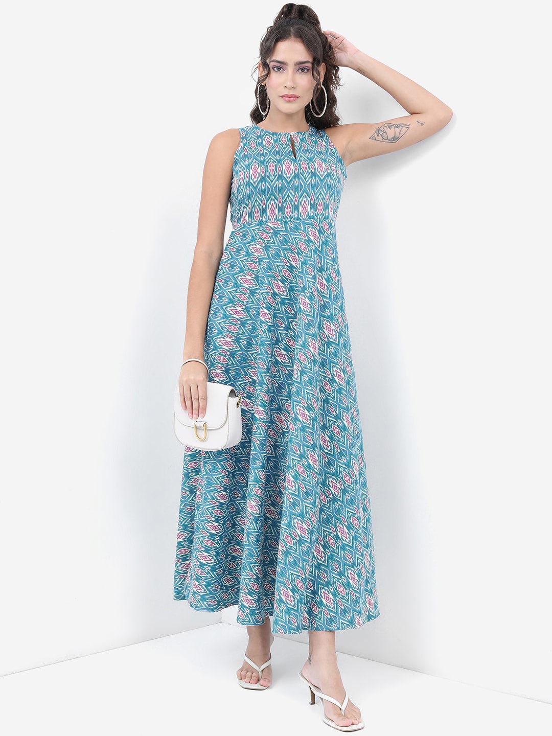 

Vishudh Turquoise Blue Keyhole Neck Geometric Printed Fit & Flare Dress